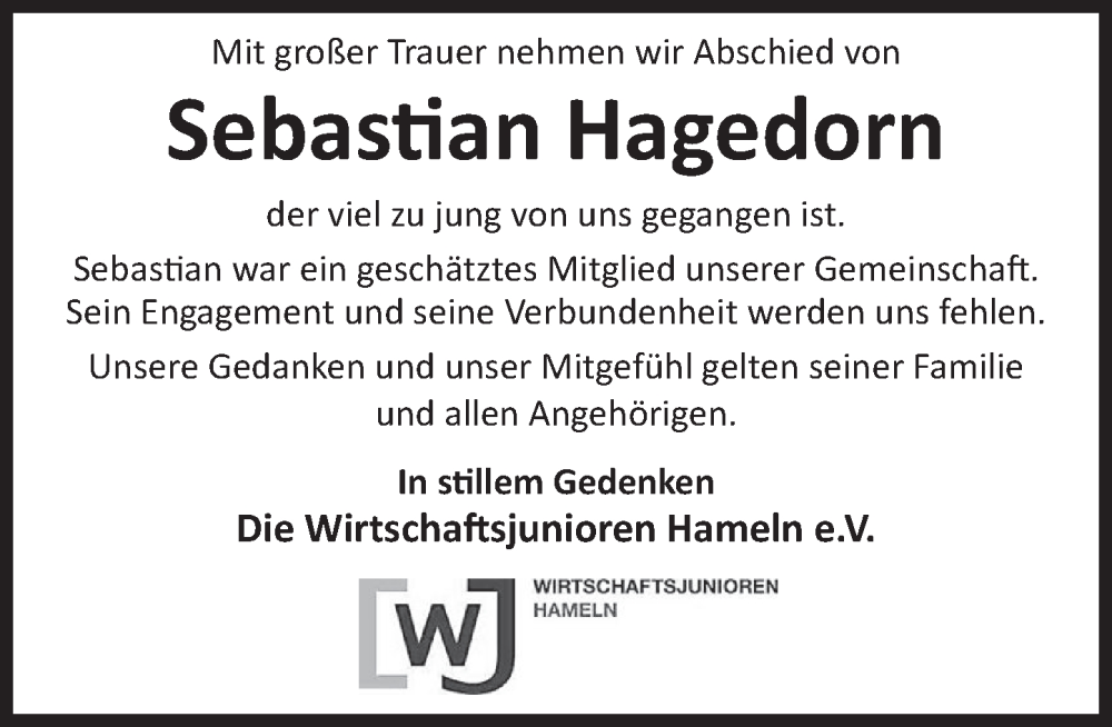  Traueranzeige für Sebastian Hagedorn vom 24.01.2026 aus Deister- und Weserzeitung
