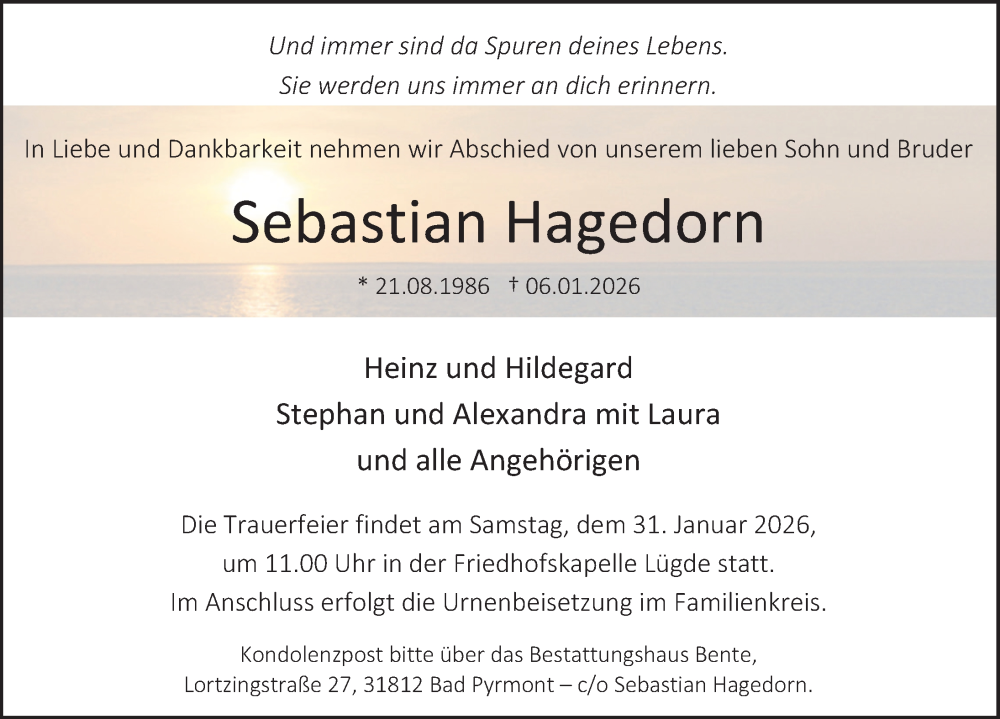  Traueranzeige für Sebastian Hagedorn vom 24.01.2026 aus Deister- und Weserzeitung