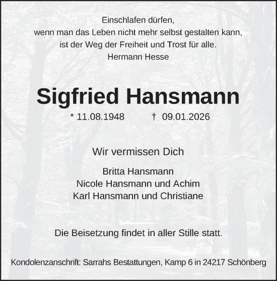 Traueranzeige von Sigfried Hansmann von Deister- und Weserzeitung