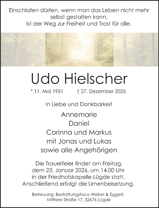 Traueranzeige von Udo Hielscher von Deister- und Weserzeitung
