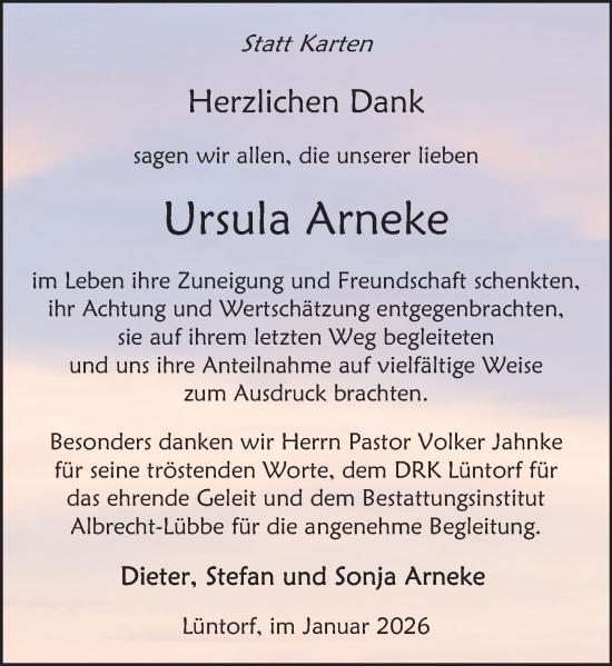 Traueranzeige von Ursula Arneke von Deister- und Weserzeitung