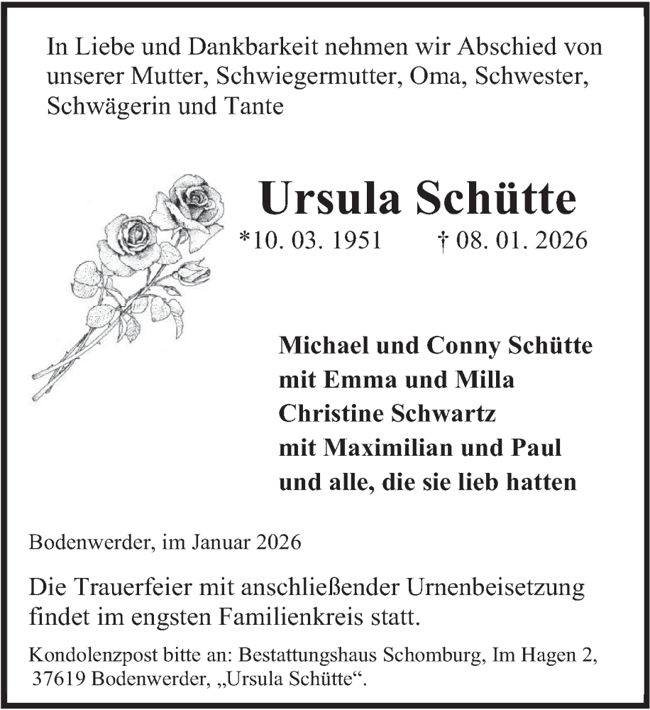  Traueranzeige für Ursula Schütte vom 17.01.2026 aus Deister- und Weserzeitung
