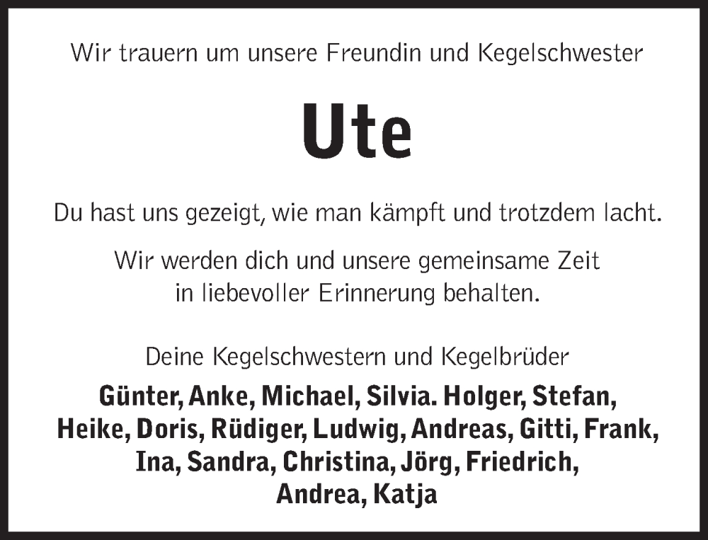  Traueranzeige für Ute  vom 10.01.2026 aus Deister- und Weserzeitung