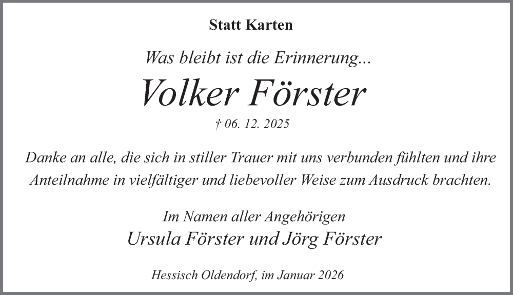  Traueranzeige für Volker Förster vom 10.01.2026 aus Deister- und Weserzeitung