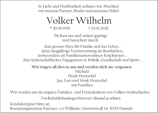 Traueranzeige von Volker Wilhelm von Deister- und Weserzeitung