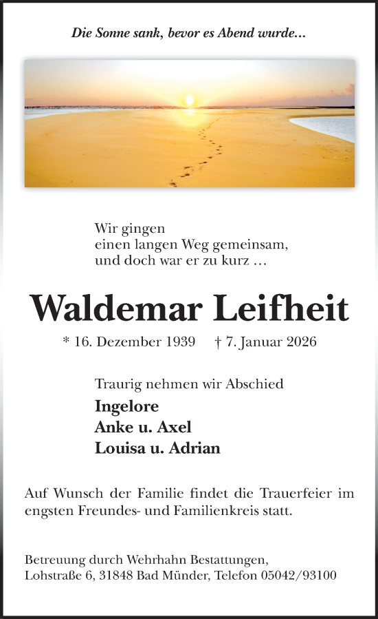 Traueranzeige von Waldemar Leifheit von Neue Deister-Zeitung