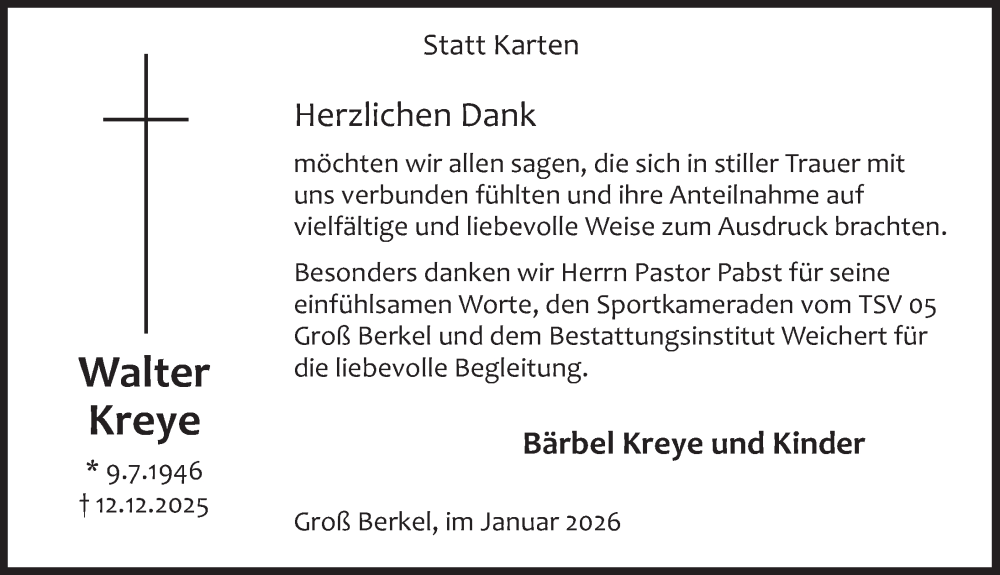  Traueranzeige für Walter Kreye vom 17.01.2026 aus Deister- und Weserzeitung