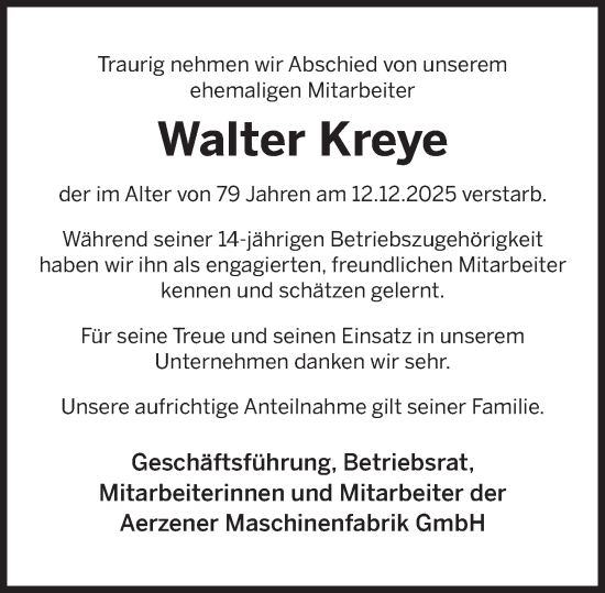 Traueranzeige von Walter Kreye von Deister- und Weserzeitung