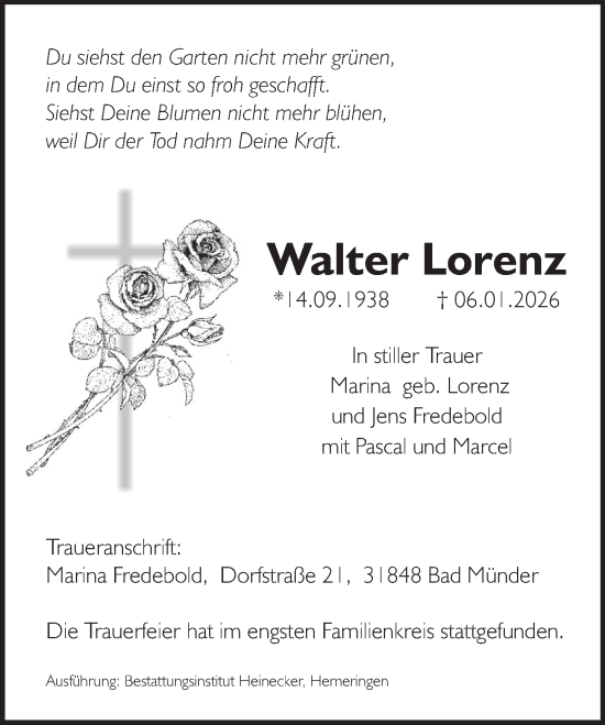 Traueranzeige von Walter Lorenz von Deister- und Weserzeitung