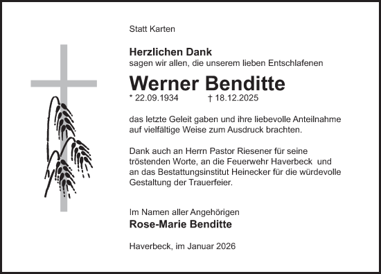 Traueranzeige von Werner Benditte von Deister- und Weserzeitung