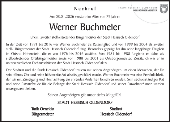 Traueranzeige von Werner Buchmeier von Deister- und Weserzeitung