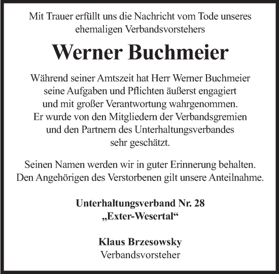 Traueranzeige von Werner Buchmeier von Deister- und Weserzeitung