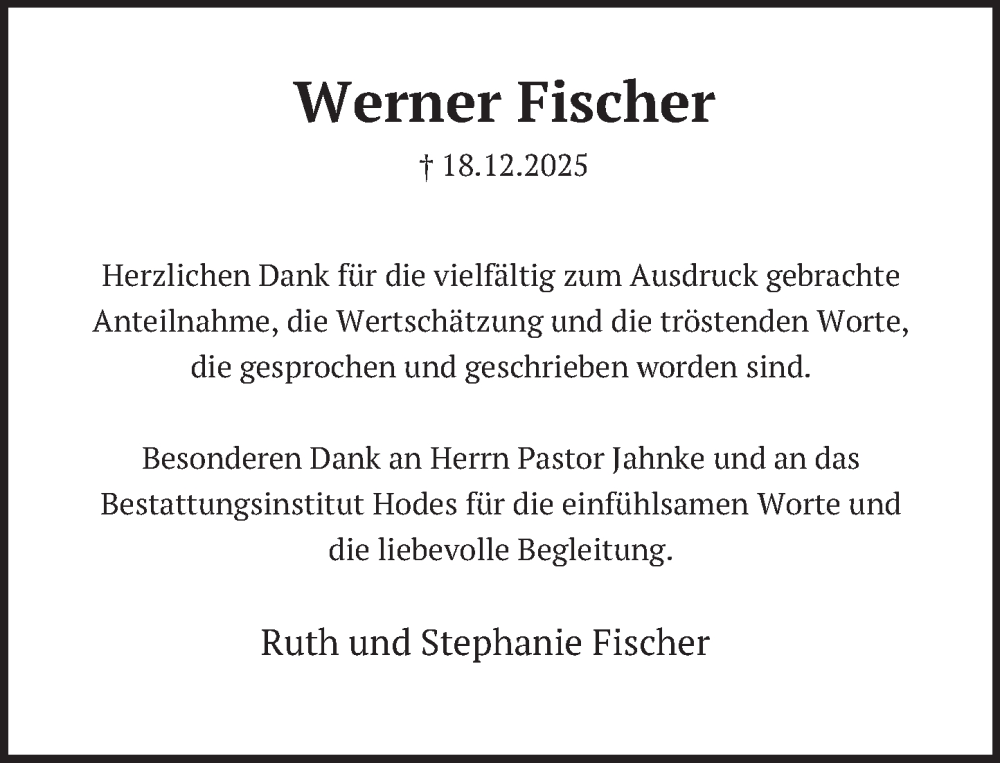  Traueranzeige für Werner Fischer vom 17.01.2026 aus Deister- und Weserzeitung