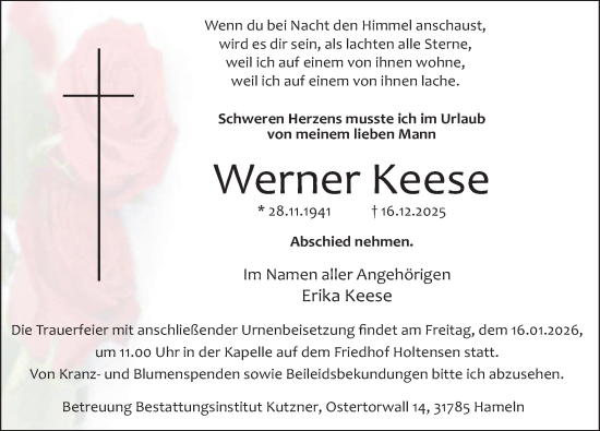 Traueranzeige von Werner Keese von Deister- und Weserzeitung