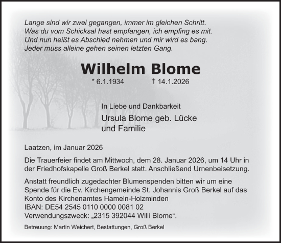 Traueranzeige von Wilhelm Blome von Deister- und Weserzeitung