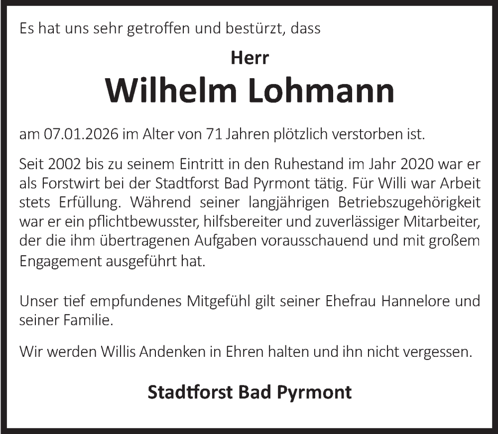  Traueranzeige für Wilhelm Lohmann vom 19.01.2026 aus Deister- und Weserzeitung
