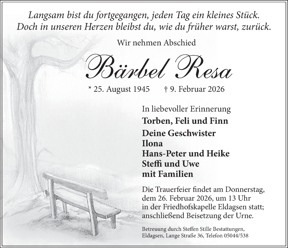  Traueranzeige für Bärbel Resa vom 21.02.2026 aus Neue Deister-Zeitung