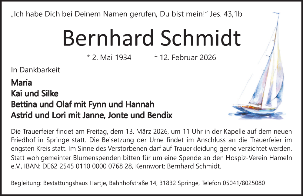  Traueranzeige für Bernhard Schmidt vom 21.02.2026 aus Deister- und Weserzeitung