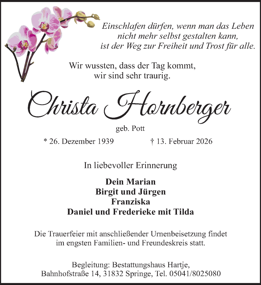  Traueranzeige für Christa Hornberger vom 21.02.2026 aus Neue Deister-Zeitung