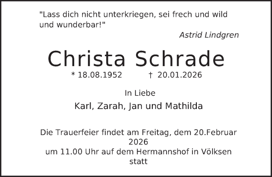 Traueranzeige von Christa Schrade von Neue Deister-Zeitung