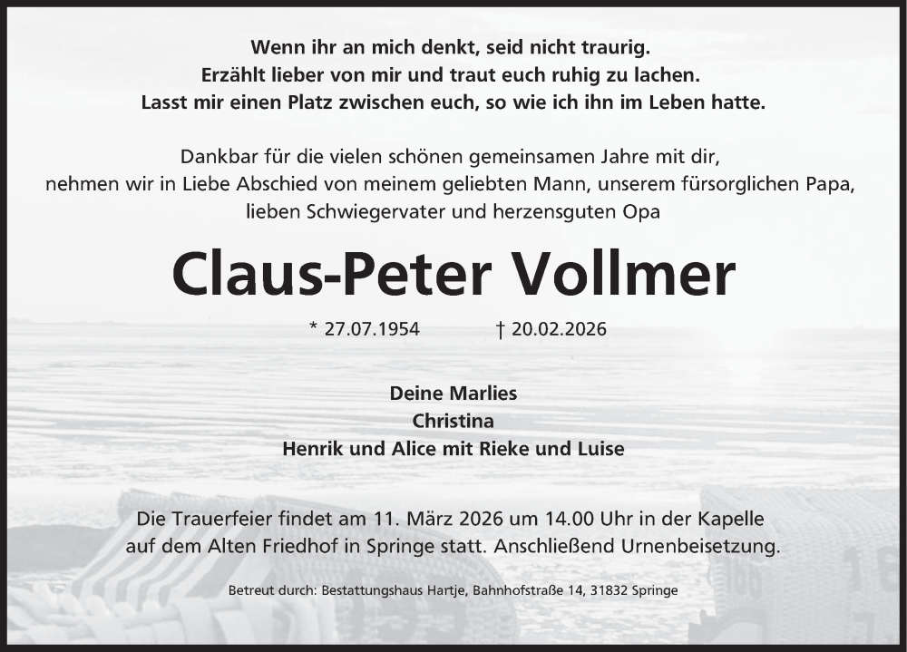  Traueranzeige für Claus-Peter Vollmer vom 28.02.2026 aus Neue Deister-Zeitung