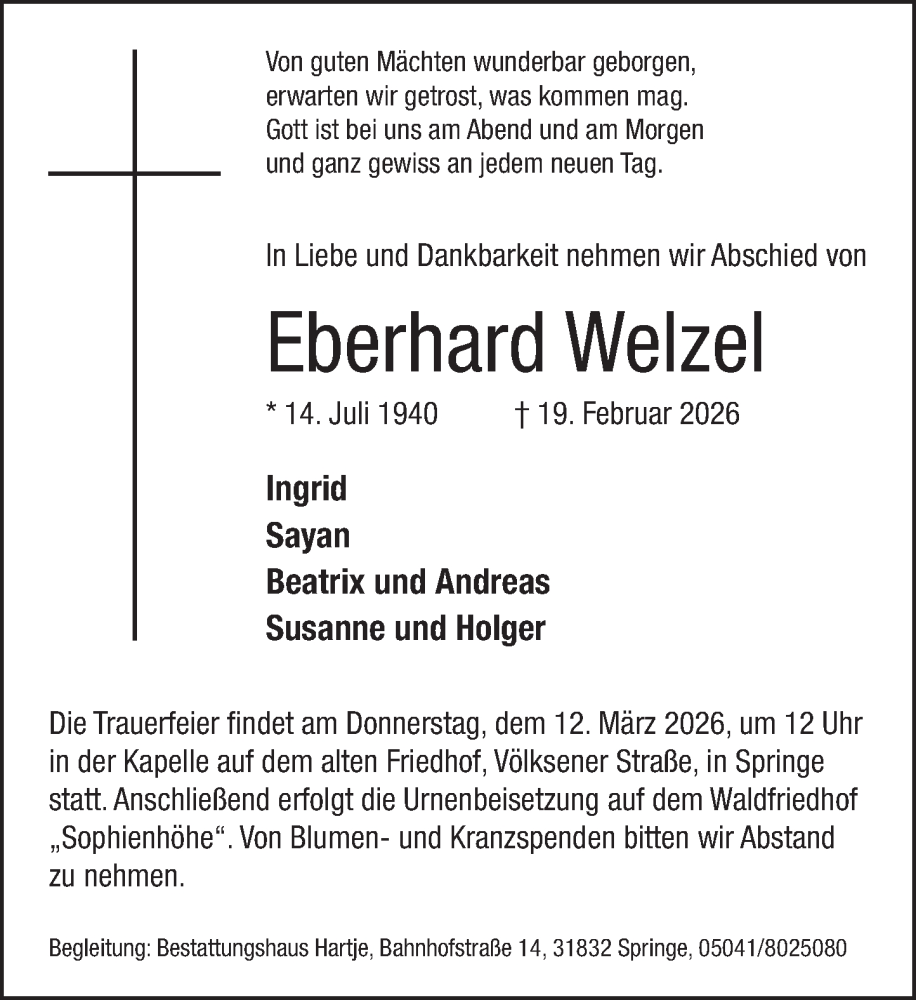  Traueranzeige für Eberhard Welzel vom 28.02.2026 aus Neue Deister-Zeitung