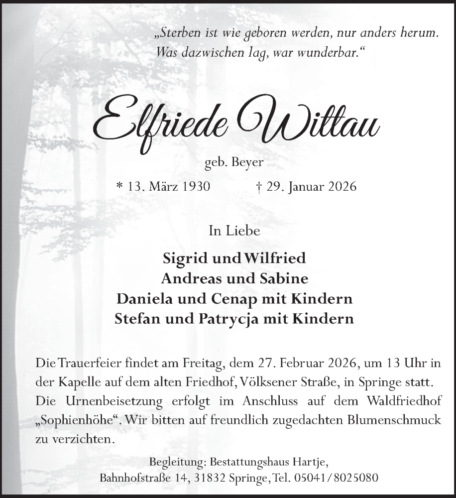  Traueranzeige für Elfriede Wittau vom 07.02.2026 aus Neue Deister-Zeitung