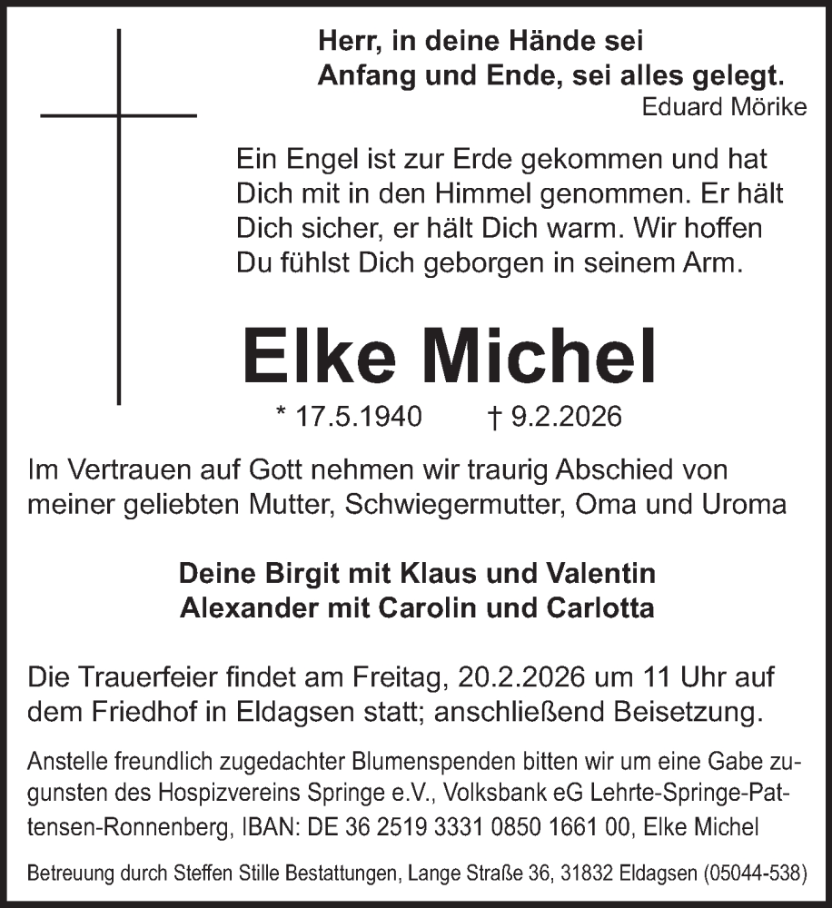  Traueranzeige für Elke Michel vom 14.02.2026 aus Neue Deister-Zeitung