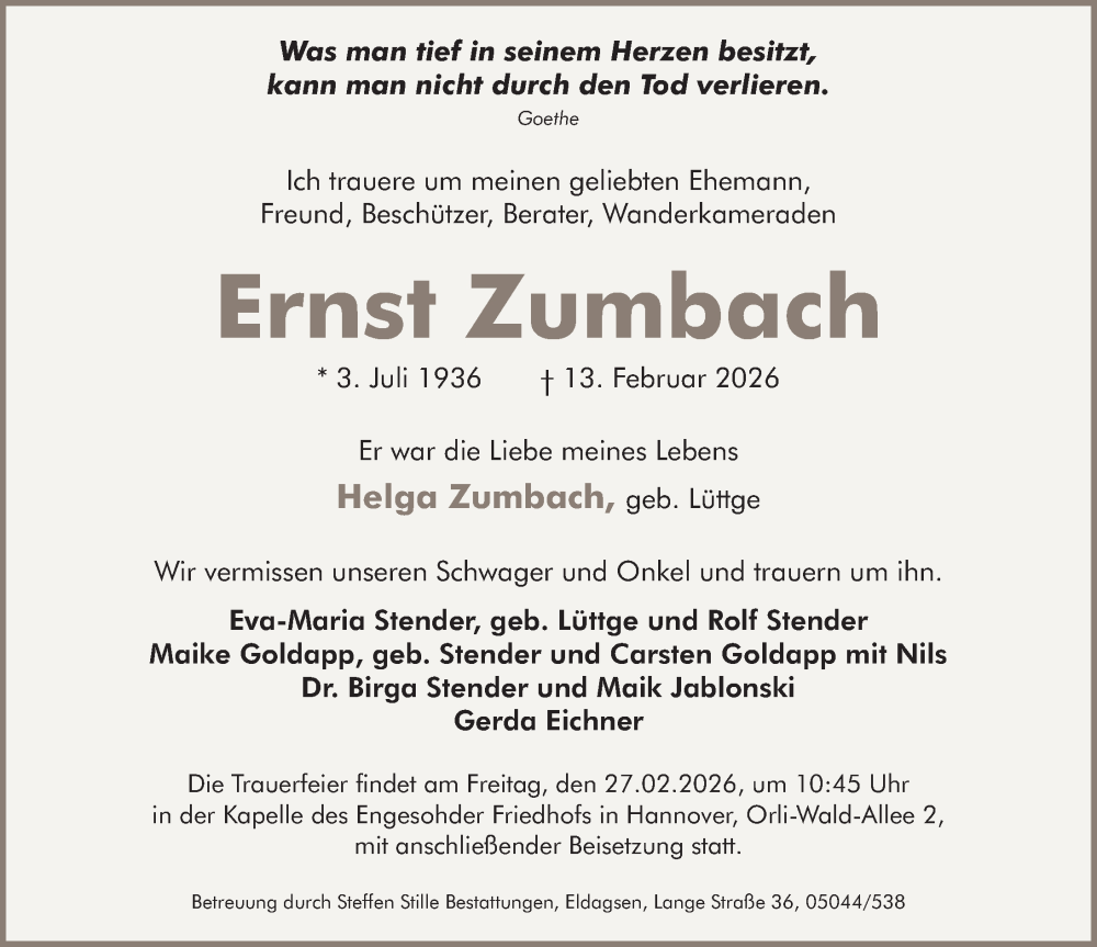  Traueranzeige für Ernst Zumbach vom 21.02.2026 aus Neue Deister-Zeitung
