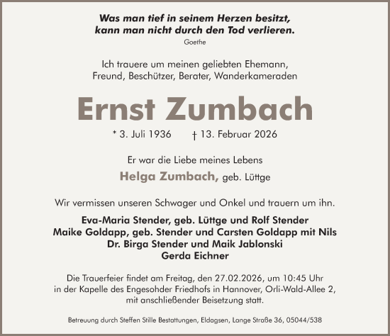 Traueranzeige von Ernst Zumbach von Neue Deister-Zeitung
