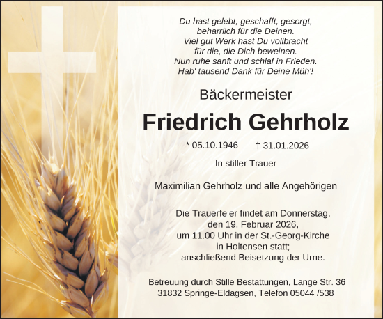 Traueranzeige von Friedrich Gehrholz von Neue Deister-Zeitung
