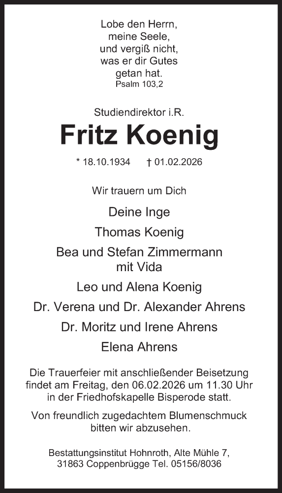  Traueranzeige für Fritz Koenig vom 04.02.2026 aus Deister- und Weserzeitung