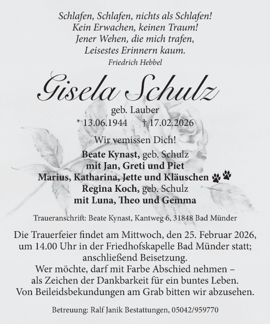 Traueranzeige von Gisela Schulz von Neue Deister-Zeitung