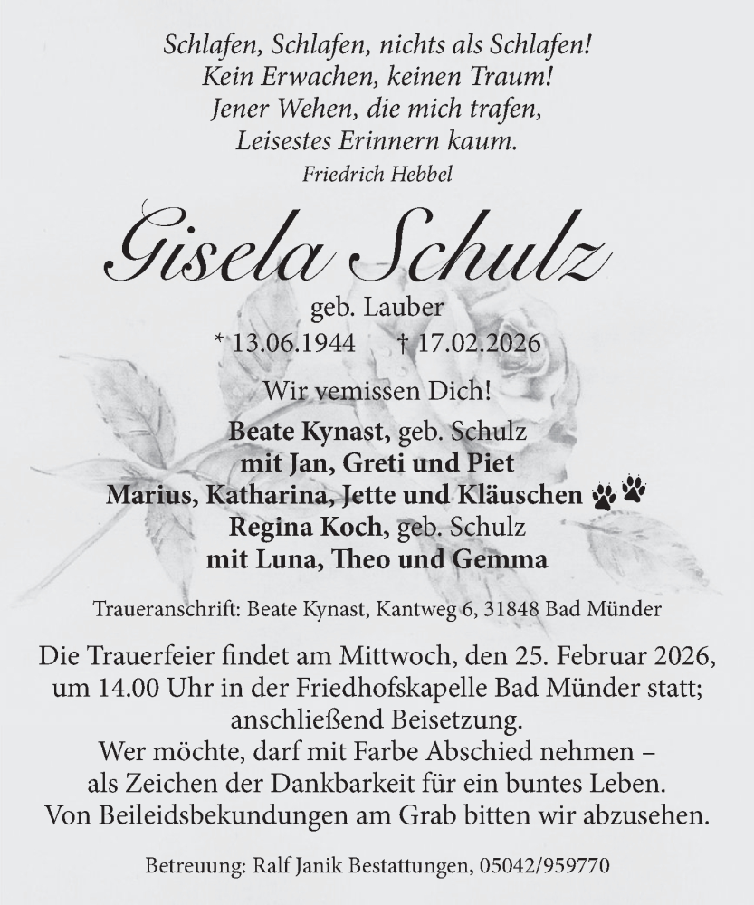  Traueranzeige für Gisela Schulz vom 21.02.2026 aus Neue Deister-Zeitung