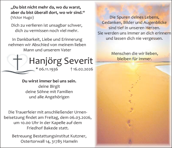 Traueranzeige von Hanjörg Severit von Neue Deister-Zeitung