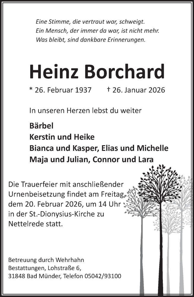  Traueranzeige für Heinz Borchard vom 14.02.2026 aus Neue Deister-Zeitung