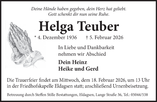 Traueranzeige von Helga Teuber von Neue Deister-Zeitung