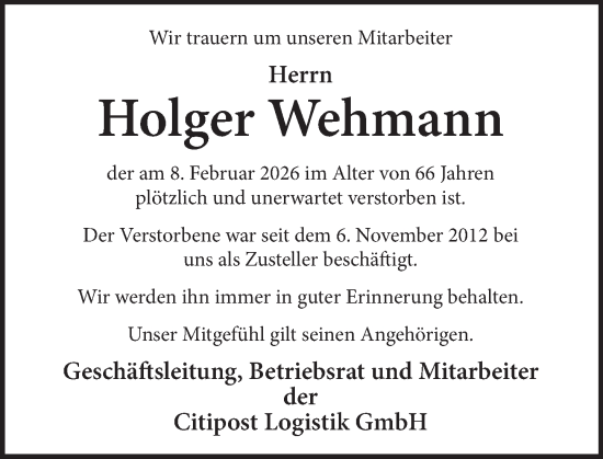 Traueranzeige von Holger Wehmann von Neue Deister-Zeitung