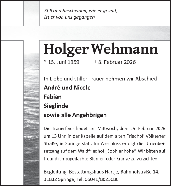 Traueranzeige von Holger Wehmann von Neue Deister-Zeitung