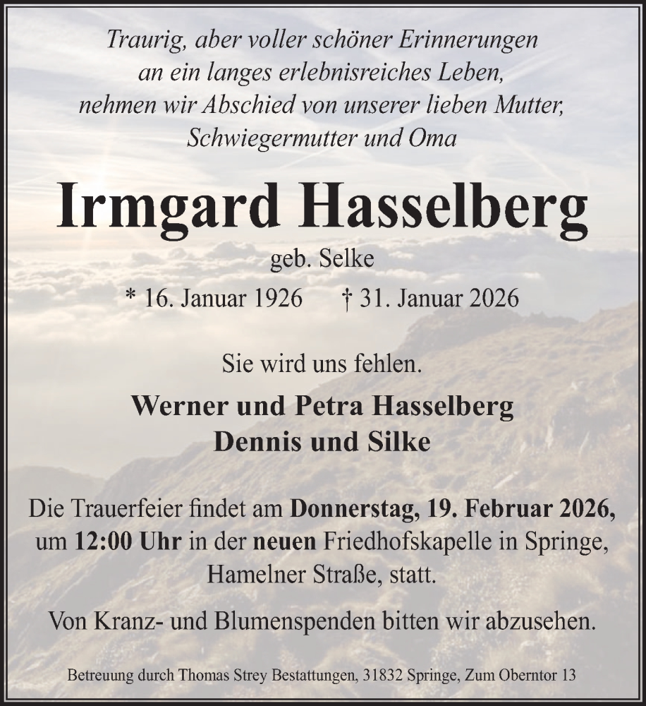  Traueranzeige für Irmgard Hasselberg vom 14.02.2026 aus Neue Deister-Zeitung