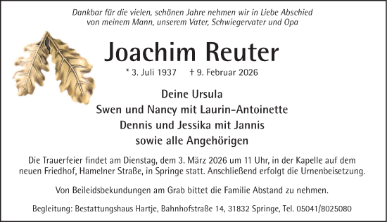 Traueranzeige von Joachim Reuter von Neue Deister-Zeitung