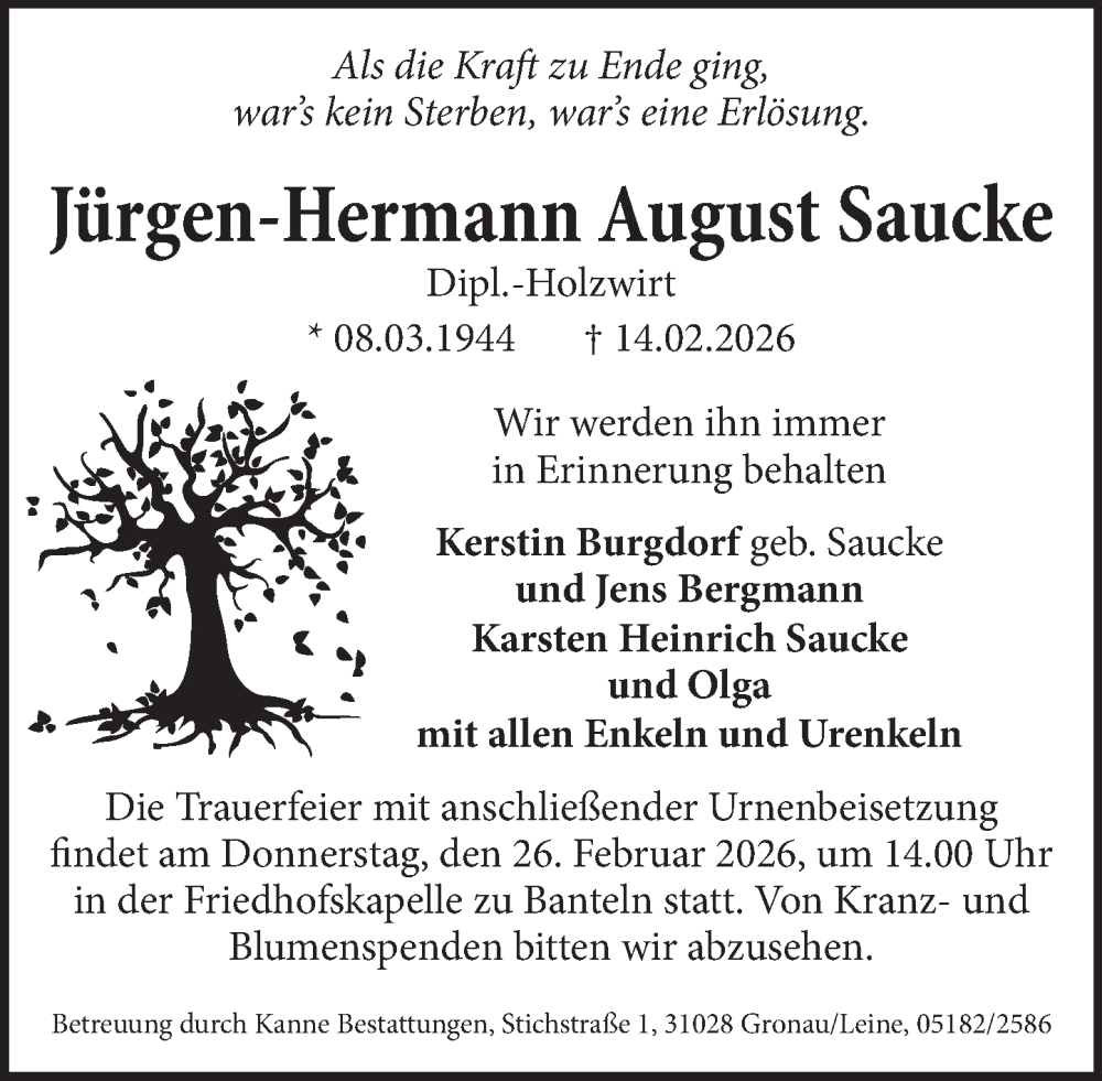  Traueranzeige für Jürgen-Hermann August Saucke vom 21.02.2026 aus Neue Deister-Zeitung