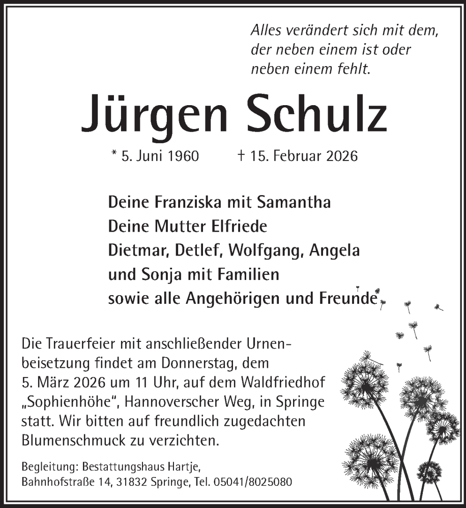  Traueranzeige für Jürgen Schulz vom 28.02.2026 aus Neue Deister-Zeitung