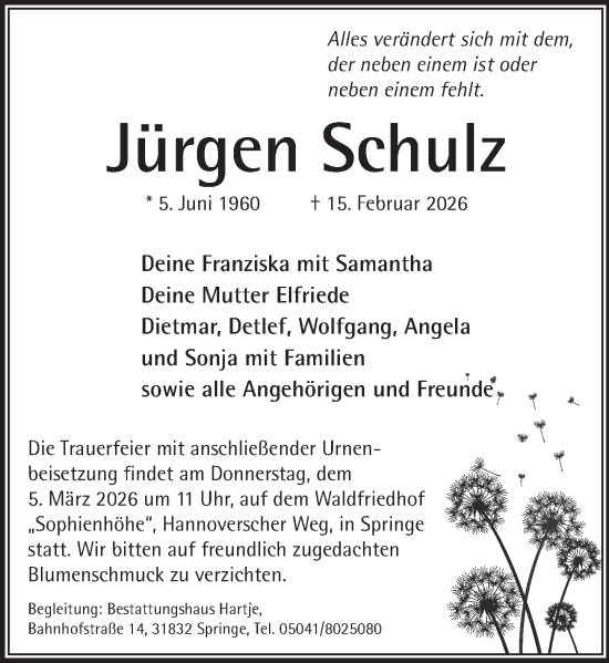 Traueranzeige von Jürgen Schulz von Neue Deister-Zeitung