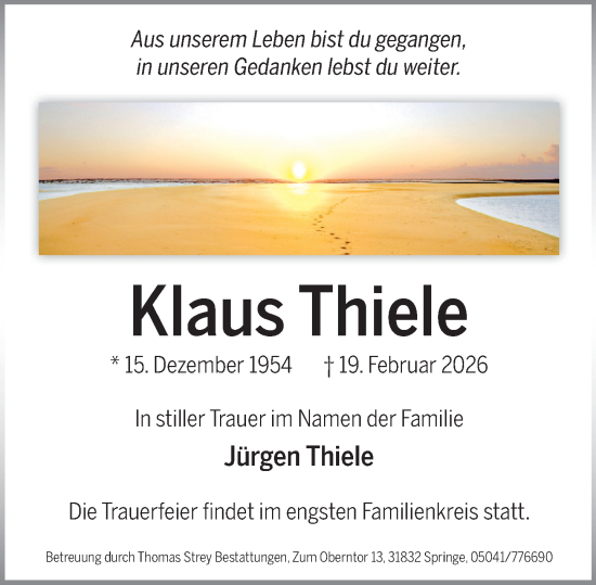 Traueranzeige von Klaus Thiele von Neue Deister-Zeitung