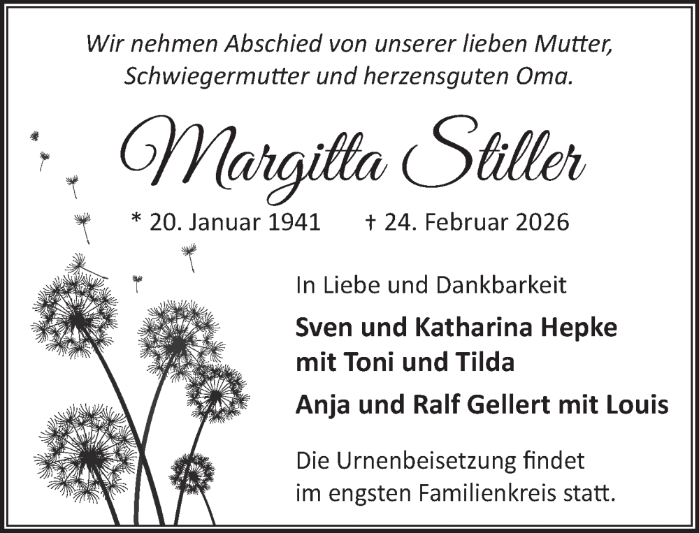  Traueranzeige für Margitta Stiller vom 28.02.2026 aus Neue Deister-Zeitung