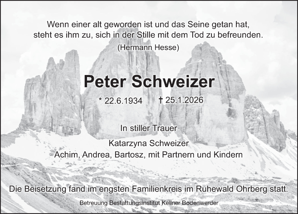 Traueranzeige für Peter Schweizer vom 04.02.2026 aus Deister- und Weserzeitung
