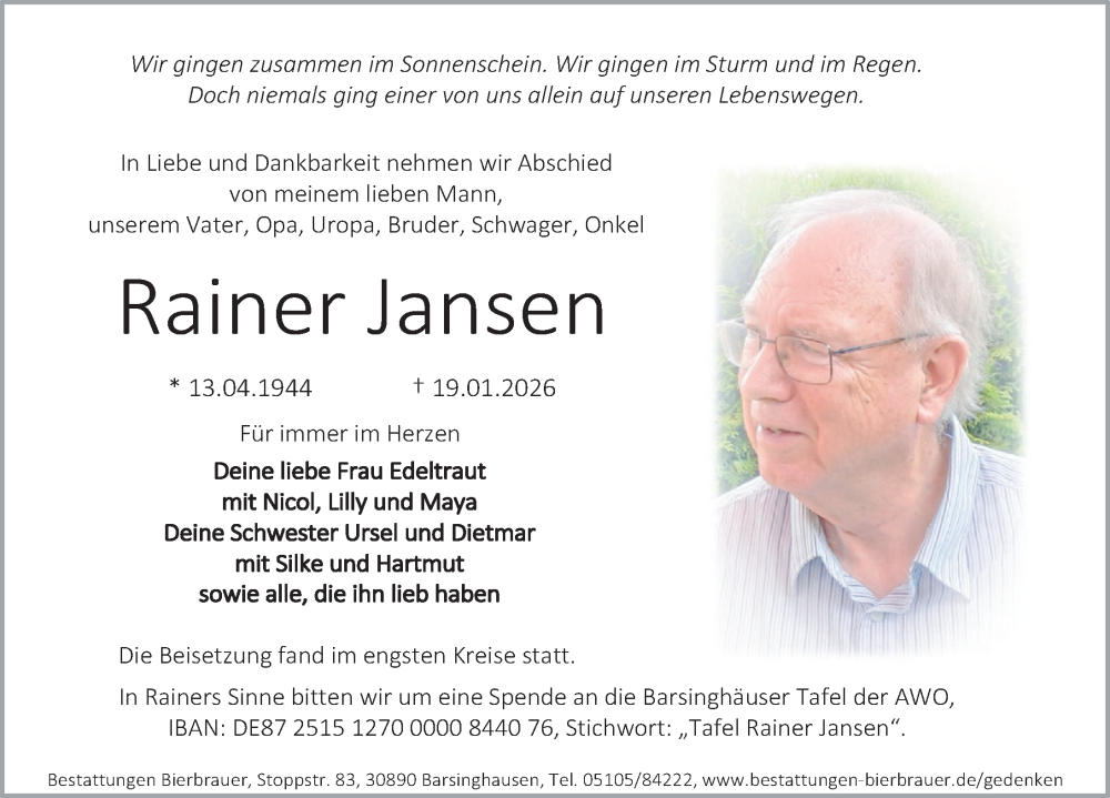  Traueranzeige für Rainer Jansen vom 07.02.2026 aus Neue Deister-Zeitung