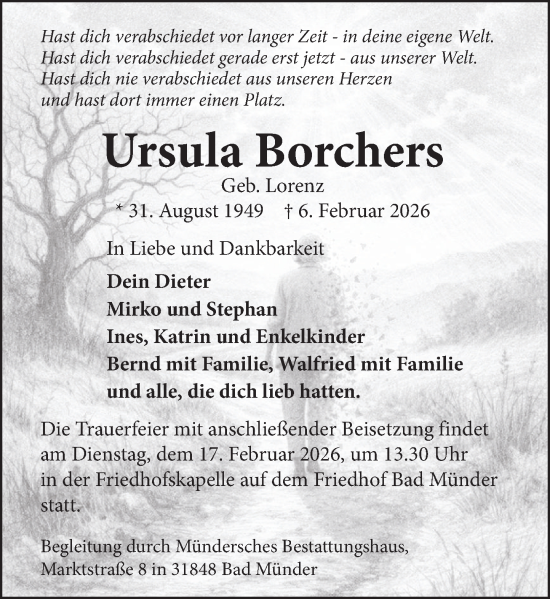 Traueranzeige von Ursula Borchers von Neue Deister-Zeitung