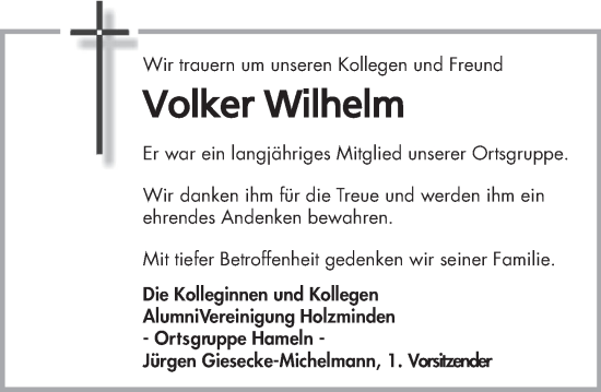 Traueranzeige von Volker Wilhelm von Deister- und Weserzeitung